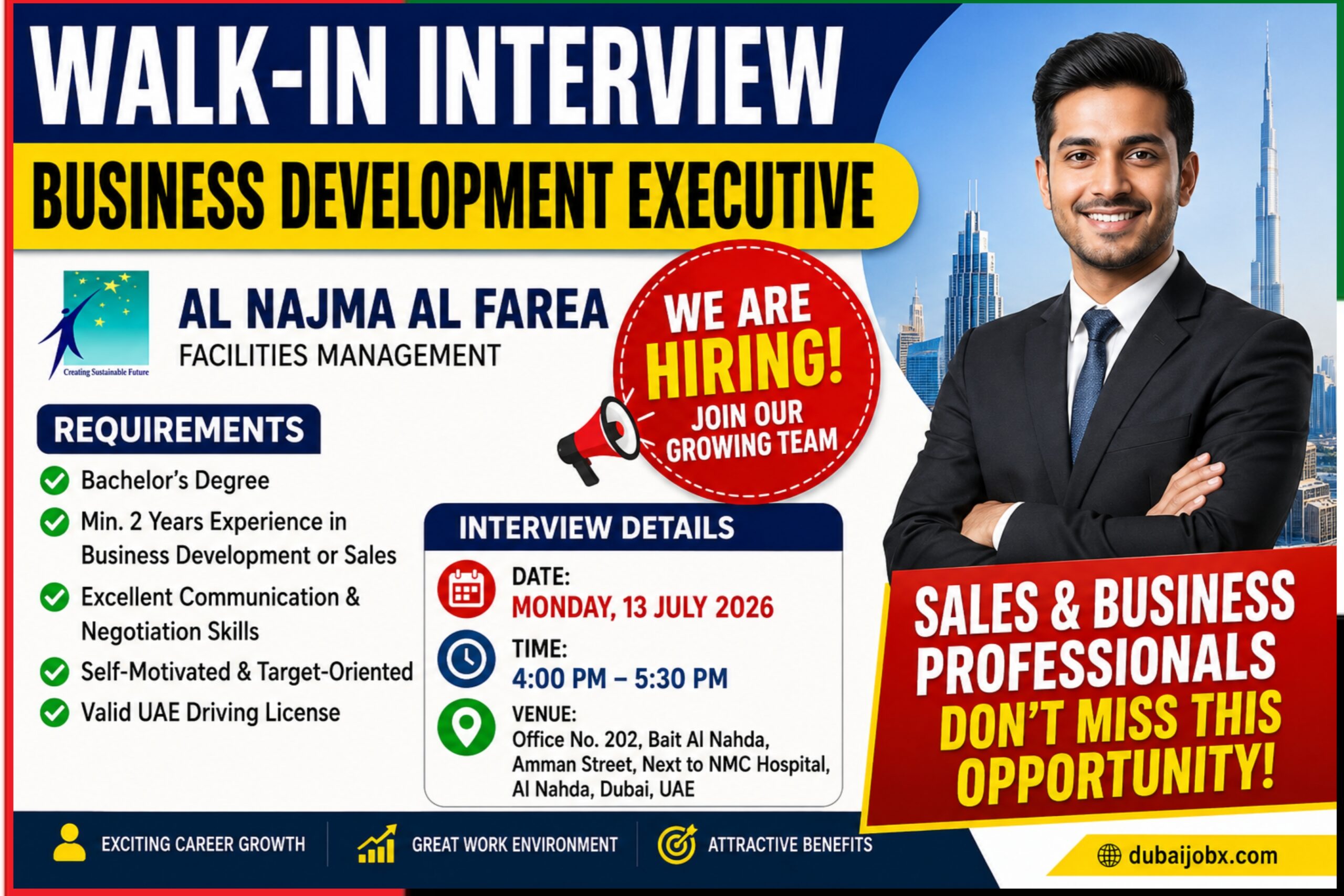 Apply for the Business Development Executive Walk-in Interview at Al Najma Al Farea Facilities Management in Dubai. Check interview date, venue, eligibility, requirements, and application details.