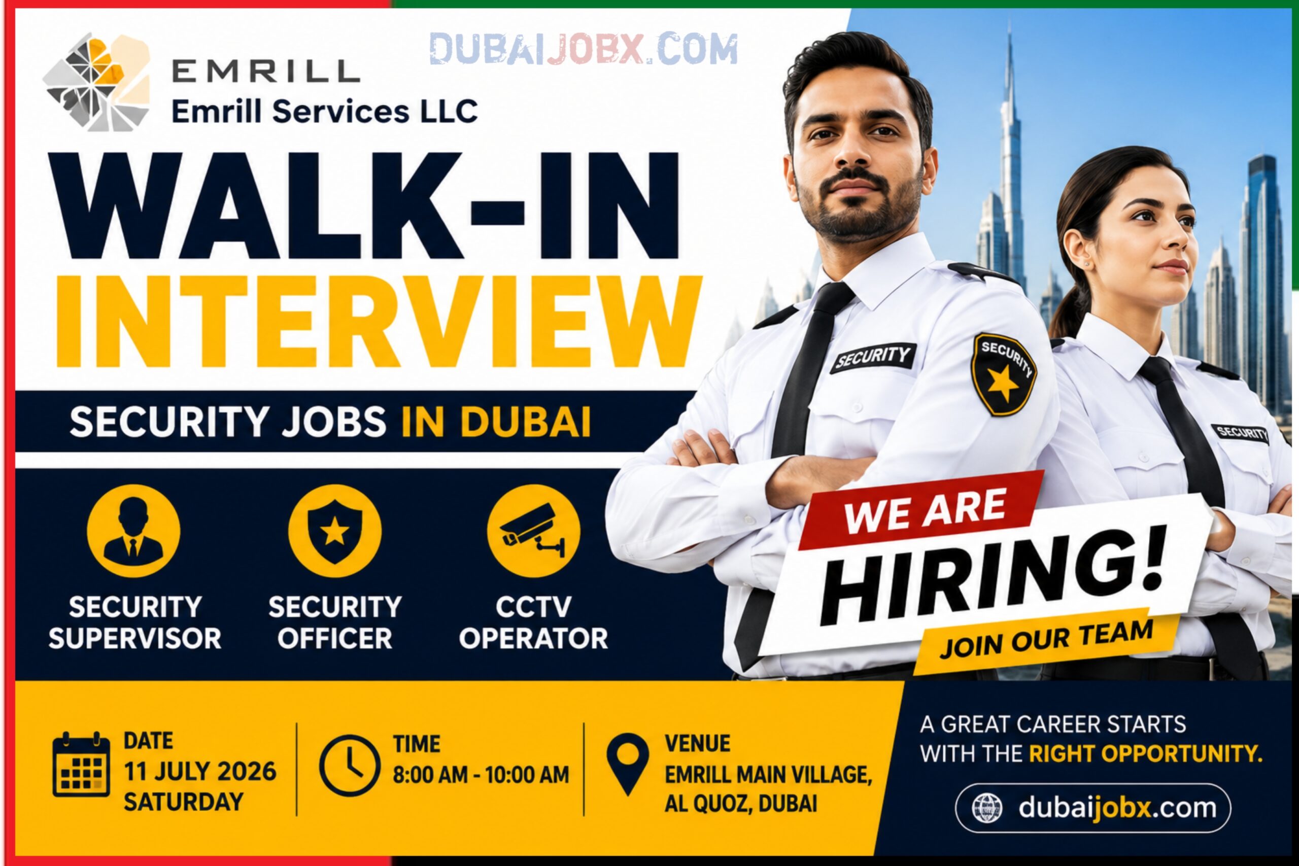 Emrill Services Walk-In Interview, Security Jobs Dubai, Security Officer Jobs UAE, CCTV Operator Jobs Dubai, Security Supervisor Jobs, Walk-In Interview Dubai 2026, Dubai Job Vacancies, UAE Jobs, SIRA Security Jobs, Emrill Careers, Facilities Management Jobs Dubai, Latest Jobs in Dubai, Walk-In Recruitment UAE