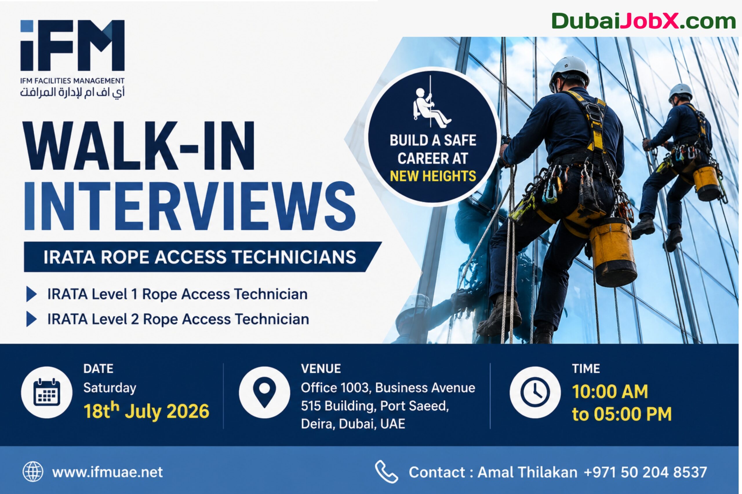 Apply for the IFM Walk-in Interview in Dubai for IRATA Level 1 and Level 2 Rope Access Technician jobs. Check eligibility, interview date, location, and requirements.