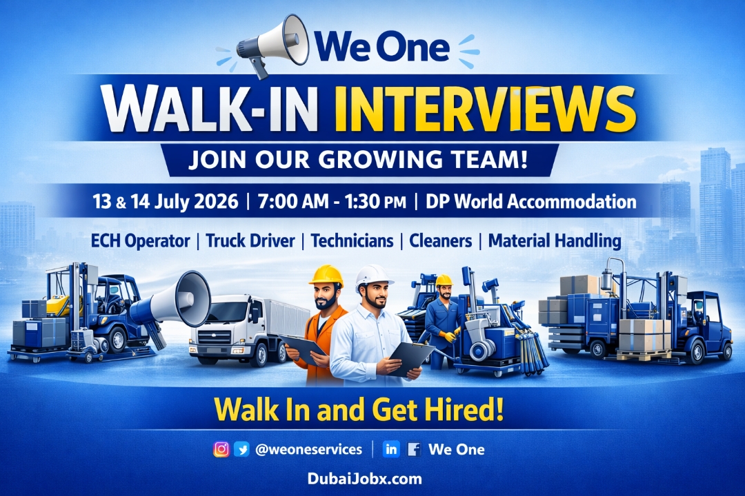 We One Walk-In Interview Dubai 2026 hiring drivers, technicians, cleaners and warehouse staff on 13 and 14 July